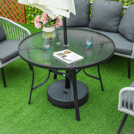 106cm Round Garden Dining Table with Tempered Glass Top and Steel Frame - Black