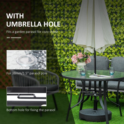 106cm Round Garden Dining Table with Tempered Glass Top and Steel Frame - Black