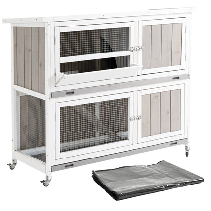 Two-Tier Wooden Rabbit Hutch with Rain Cover, Wheels & Slide-Out Tray - Grey