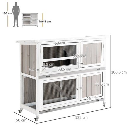 Two-Tier Wooden Rabbit Hutch with Rain Cover, Wheels & Slide-Out Tray - Grey