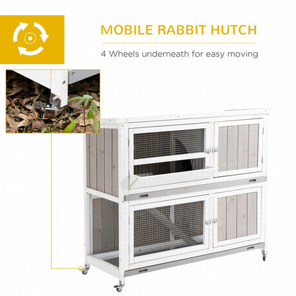 Two-Tier Wooden Rabbit Hutch with Rain Cover, Wheels & Slide-Out Tray - Grey