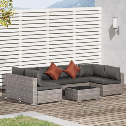 6-Seater PE Rattan Garden Sofa Set with Tempered Glass Coffee Table - Deep Grey