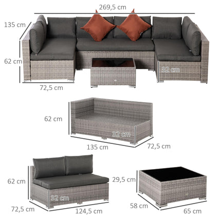 6-Seater PE Rattan Garden Sofa Set with Tempered Glass Coffee Table - Deep Grey