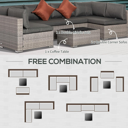 6-Seater PE Rattan Garden Sofa Set with Tempered Glass Coffee Table - Deep Grey