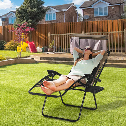 Zero Gravity Folding Lounger Chair with Adjustable Shade and Cup Holder - Brown