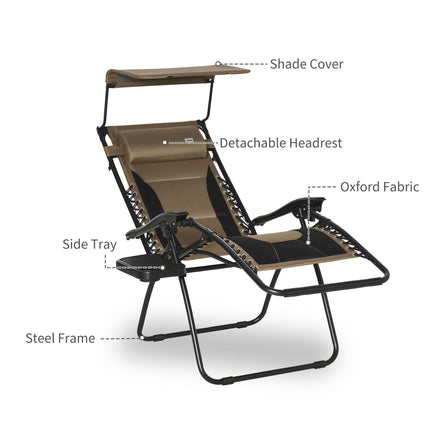 Zero Gravity Folding Lounger Chair with Adjustable Shade and Cup Holder - Brown