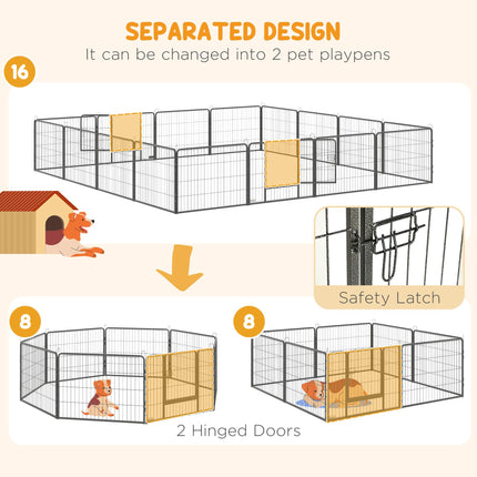 Heavy Duty 16-Panel Dog Playpen with 2 Doors, Portable Puppy Pen 60H cm - Grey