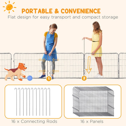 Heavy Duty 16-Panel Dog Playpen with 2 Doors, Portable Puppy Pen 60H cm - Grey