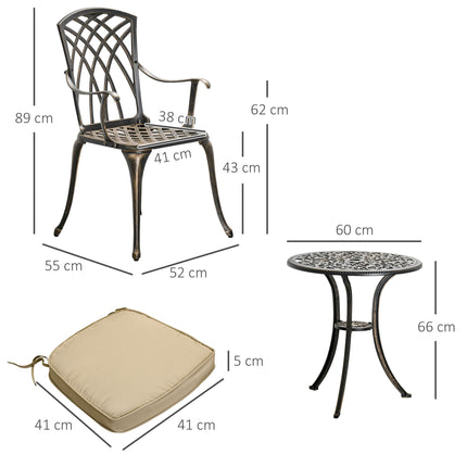 3 Piece Cast Aluminium Garden Bistro Set for 2 with Parasol Hole and Cushions - Bronze