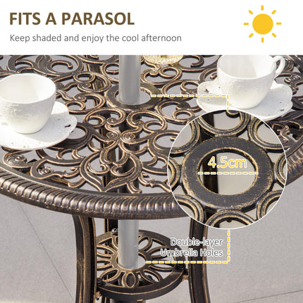 3 Piece Cast Aluminium Garden Bistro Set for 2 with Parasol Hole and Cushions - Bronze