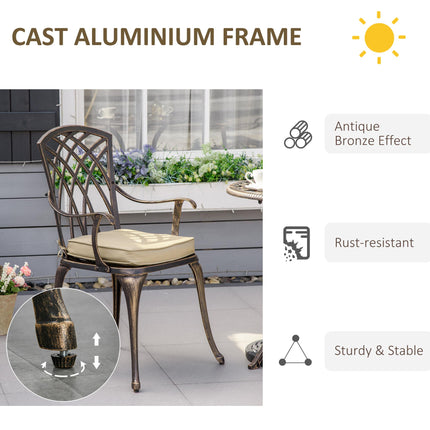 3 Piece Cast Aluminium Garden Bistro Set for 2 with Parasol Hole and Cushions - Bronze