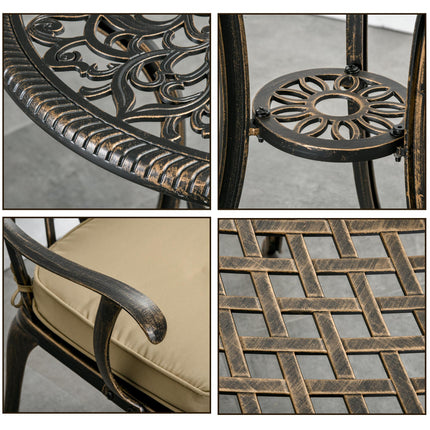 3 Piece Cast Aluminium Garden Bistro Set for 2 with Parasol Hole and Cushions - Bronze