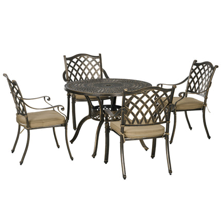 4 Seater Outdoor Cast Aluminium Dining Set with Cushions and Parasol Hole - Bronze
