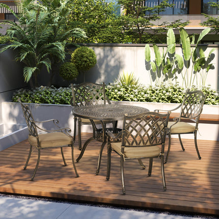 4 Seater Outdoor Cast Aluminium Dining Set with Cushions and Parasol Hole - Bronze