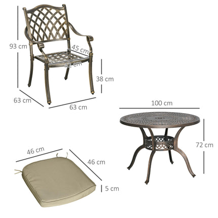 4 Seater Outdoor Cast Aluminium Dining Set with Cushions and Parasol Hole - Bronze