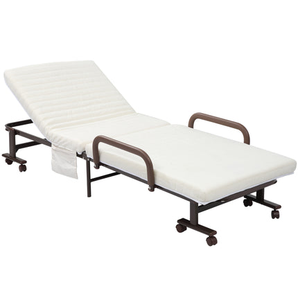 Folding Guest Bed with 8cm Mattress, Adjustable Backrest, Metal Frame on Wheels - Brown