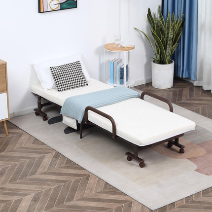 Folding Guest Bed with 8cm Mattress, Adjustable Backrest, Metal Frame on Wheels - Brown