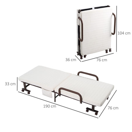 Folding Guest Bed with 8cm Mattress, Adjustable Backrest, Metal Frame on Wheels - Brown