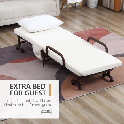 Folding Guest Bed with 8cm Mattress, Adjustable Backrest, Metal Frame on Wheels - Brown