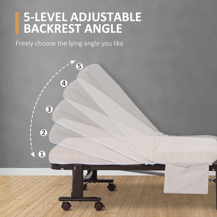 Folding Guest Bed with 8cm Mattress, Adjustable Backrest, Metal Frame on Wheels - Brown
