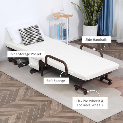 Folding Guest Bed with 8cm Mattress, Adjustable Backrest, Metal Frame on Wheels - Brown