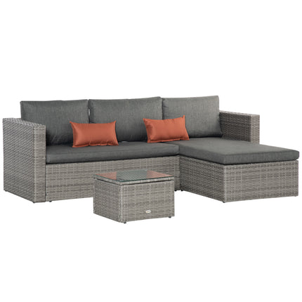 PE Rattan 3-Piece Outdoor Corner Sofa Set with Chaise Lounge & Tempered Glass Table - Grey