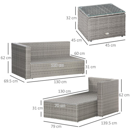 PE Rattan 3-Piece Outdoor Corner Sofa Set with Chaise Lounge & Tempered Glass Table - Grey