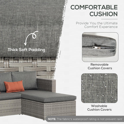PE Rattan 3-Piece Outdoor Corner Sofa Set with Chaise Lounge & Tempered Glass Table - Grey