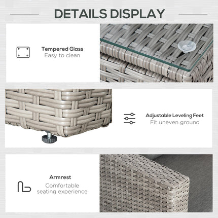 PE Rattan 3-Piece Outdoor Corner Sofa Set with Chaise Lounge & Tempered Glass Table - Grey