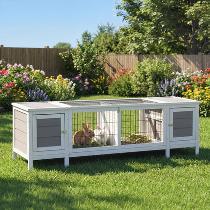 Wooden Rabbit Hutch with Slide-out Tray and Separable Run 161x50.5x53.3cm - Grey