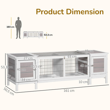 Wooden Rabbit Hutch with Slide-out Tray and Separable Run 161x50.5x53.3cm - Grey