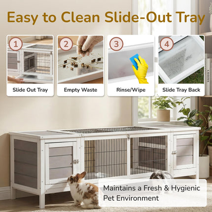 Wooden Rabbit Hutch with Slide-out Tray and Separable Run 161x50.5x53.3cm - Grey