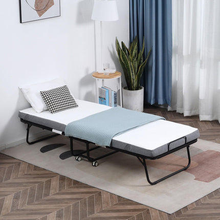 Portable Folding Bed with 10cm Mattress on Wheels - White/Black