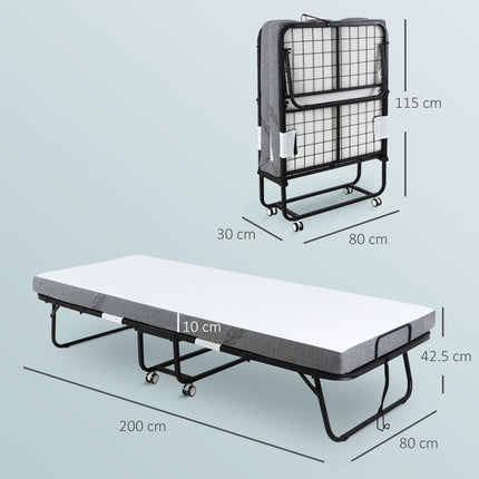 Portable Folding Bed with 10cm Mattress on Wheels - White/Black