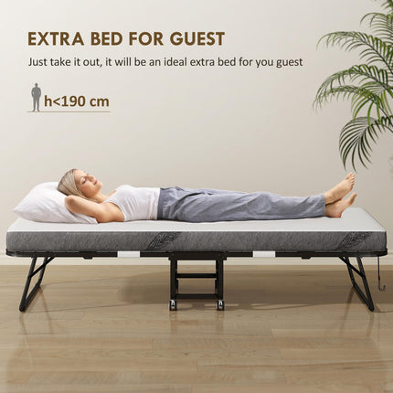 Portable Folding Bed with 10cm Mattress on Wheels - White/Black