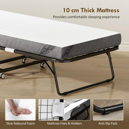 Portable Folding Bed with 10cm Mattress on Wheels - White/Black