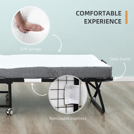 Portable Folding Bed with 10cm Mattress on Wheels - White/Black