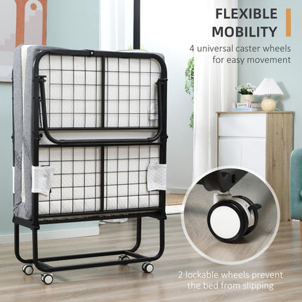 Portable Folding Bed with 10cm Mattress on Wheels - White/Black