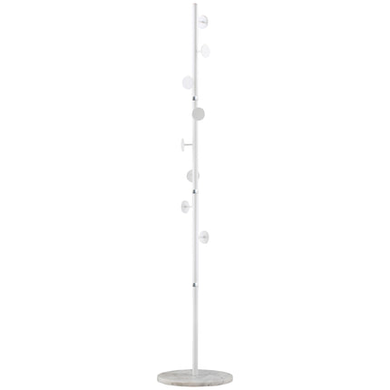 Adjustable Height Free Standing Coat Rack with 8 Round Hooks and Marble Base - White