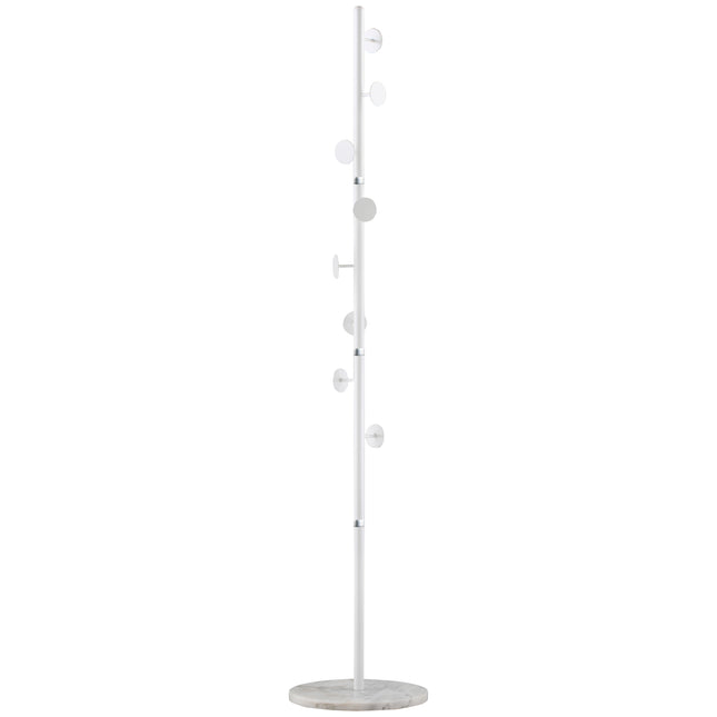 Adjustable Height Free Standing Coat Rack with 8 Round Hooks and Marble Base - White