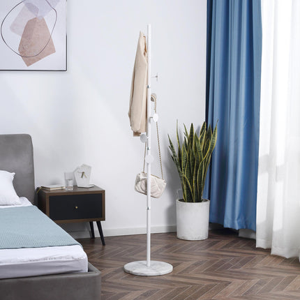 Adjustable Height Free Standing Coat Rack with 8 Round Hooks and Marble Base - White