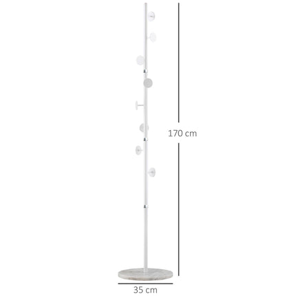 Adjustable Height Free Standing Coat Rack with 8 Round Hooks and Marble Base - White