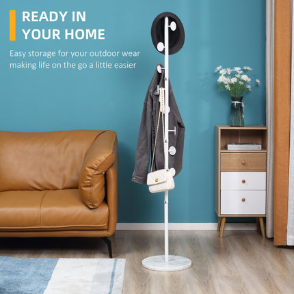 Adjustable Height Free Standing Coat Rack with 8 Round Hooks and Marble Base - White