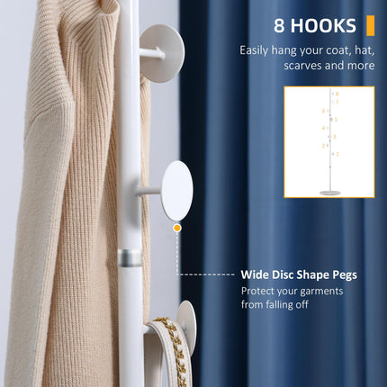 Adjustable Height Free Standing Coat Rack with 8 Round Hooks and Marble Base - White