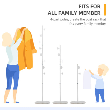 Adjustable Height Free Standing Coat Rack with 8 Round Hooks and Marble Base - White