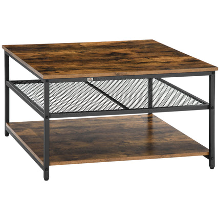 Industrial Square Coffee Table with 3-Tier Storage Shelves - Rustic Brown