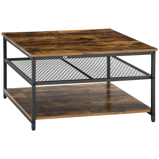 Industrial Square Coffee Table with 3-Tier Storage Shelves - Rustic Brown