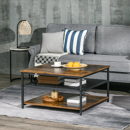 Industrial Square Coffee Table with 3-Tier Storage Shelves - Rustic Brown