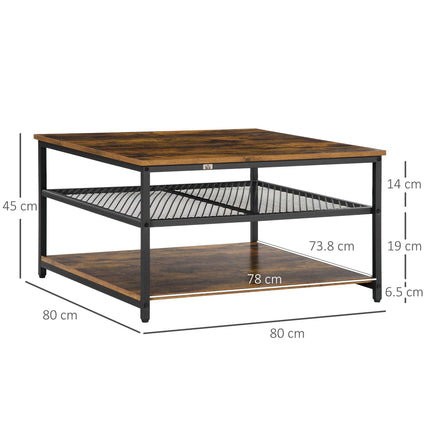 Industrial Square Coffee Table with 3-Tier Storage Shelves - Rustic Brown