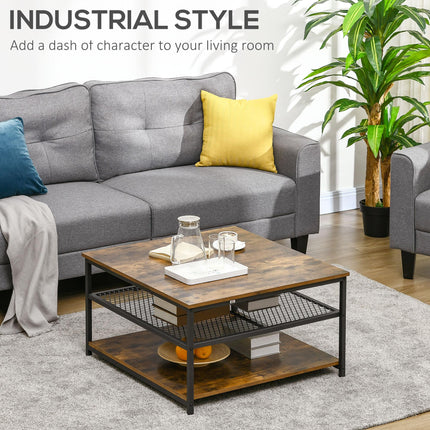 Industrial Square Coffee Table with 3-Tier Storage Shelves - Rustic Brown